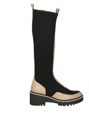 Bota Alta Piel Negro/taupe CaÑa Licra Tacon Medio
