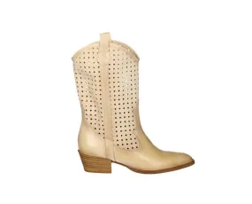 Bota Piel Beige Media CaÑa Calada Lados Tiras