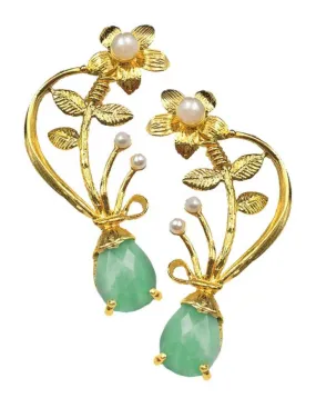 PENDIENTES LARGOS DORADOS Y VERDES CLARO CON PERLAS JOYAS ANTIGUAS