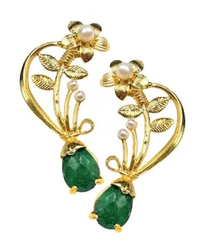 PENDIENTES LARGOS DORADOS Y VERDES CON PERLAS JOYAS ANTIGUAS